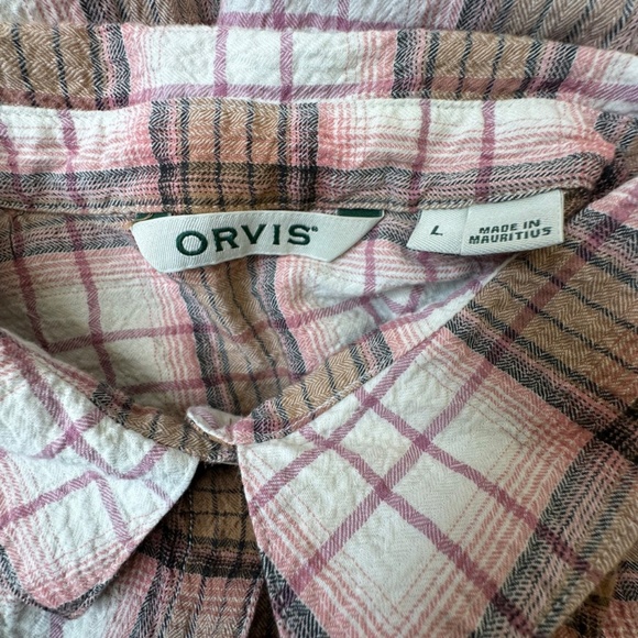 Orvis Plaid Button-Up Short Sleeve Shirt – Pink, Brown & White – Size Large - Picture 7 of 11